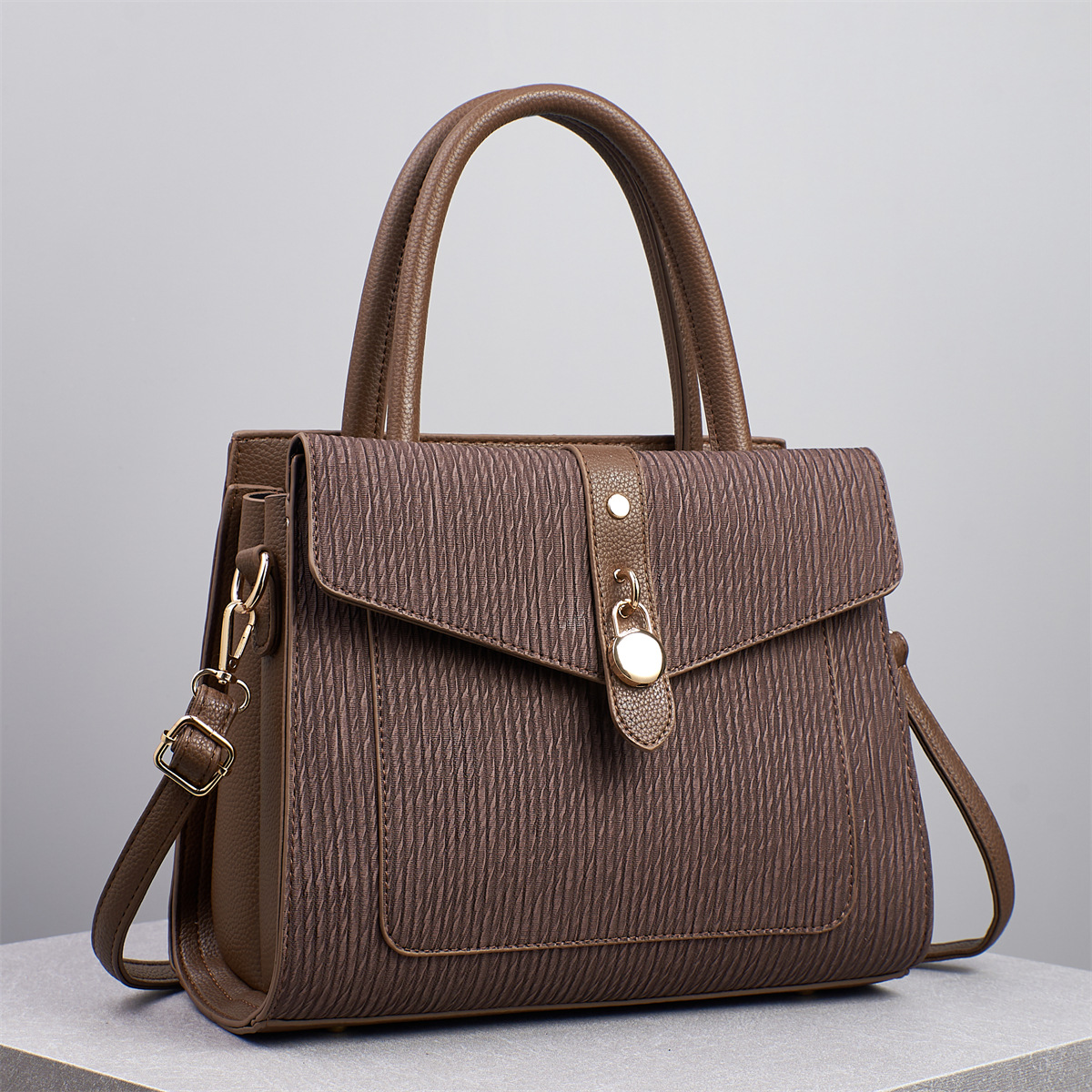 Textured Leather Satchel Crossbody Handbag with Gold Hardware